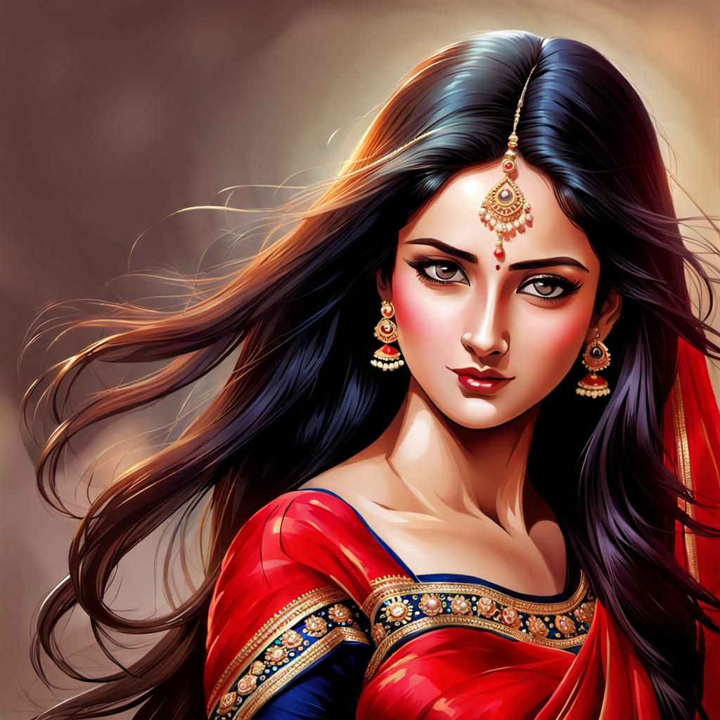 Beautiful Woman in Red Saree, High Resolution