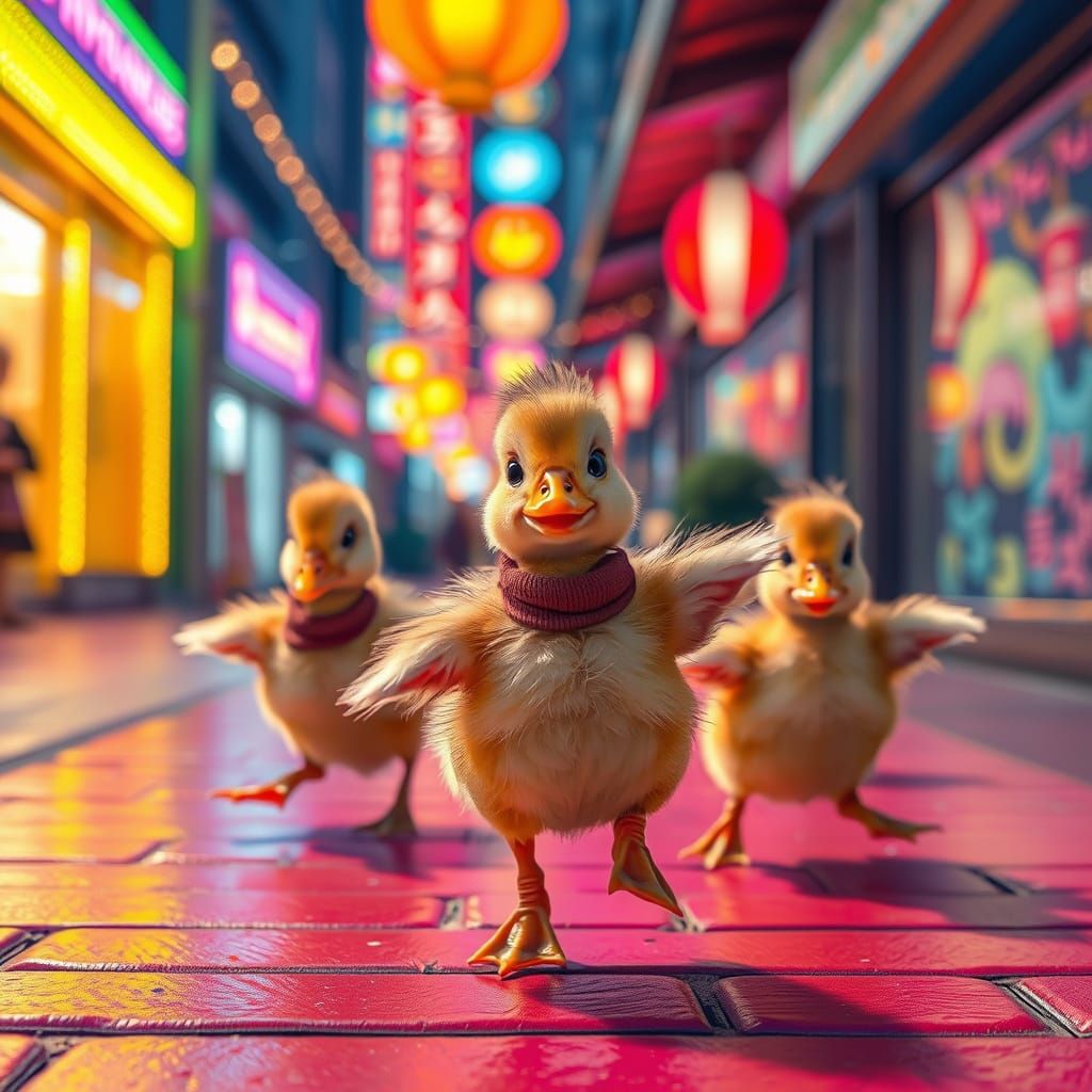 Ducklings Dancing in a Neon Landscape