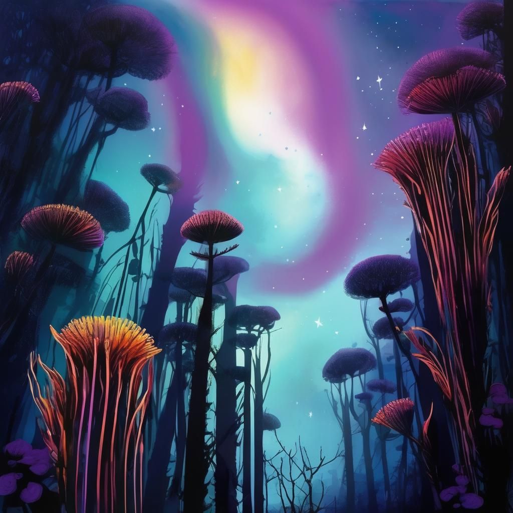 Enchanted Twilight Forest with Lacy Plants and Village Light...