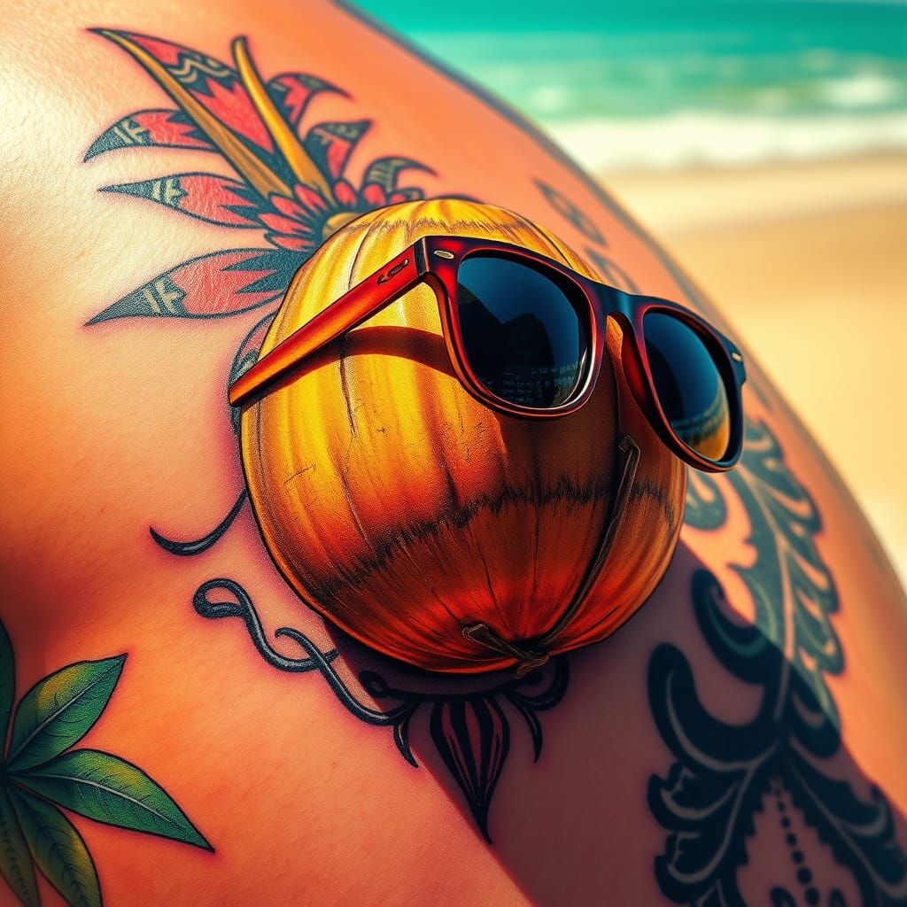 Vibrant Coconut Tattoo in Tropical Paradise