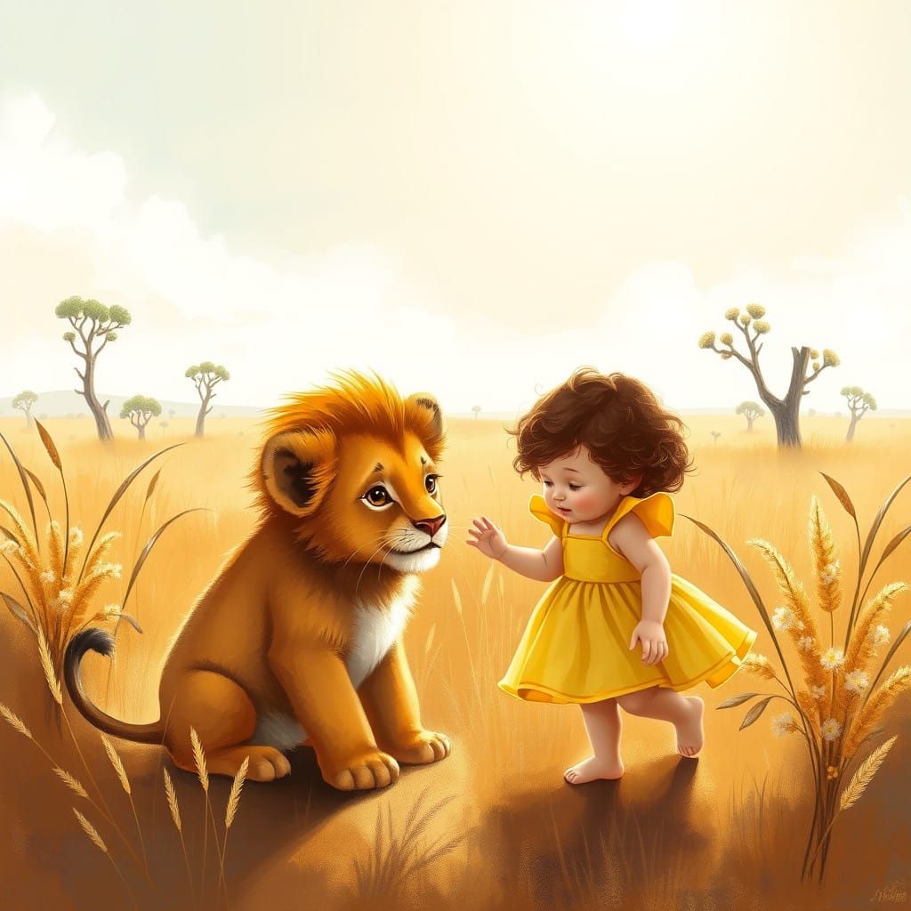 Whimsical Lion Cub and Toddler Friendship Scene in a Dreamy ...