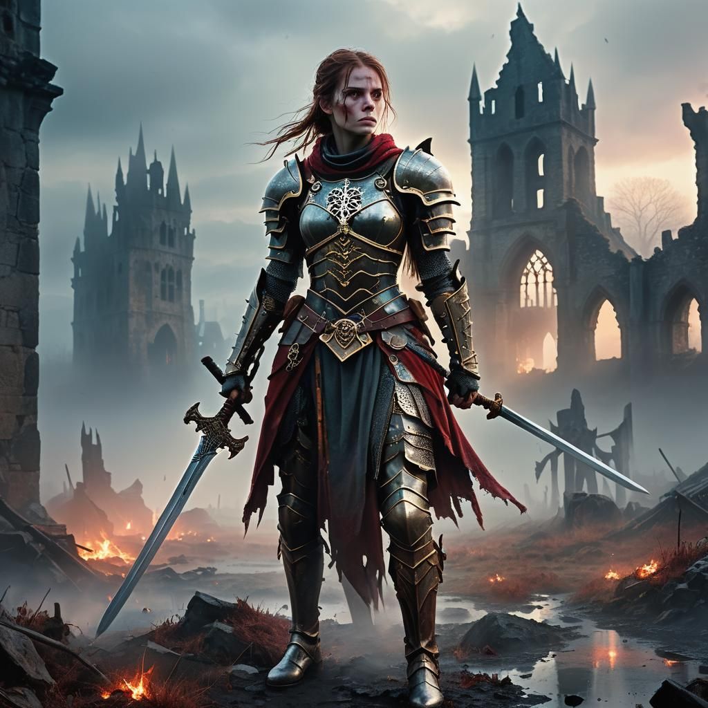Female Warrior on Misty Battlefield in Dark Fantasy