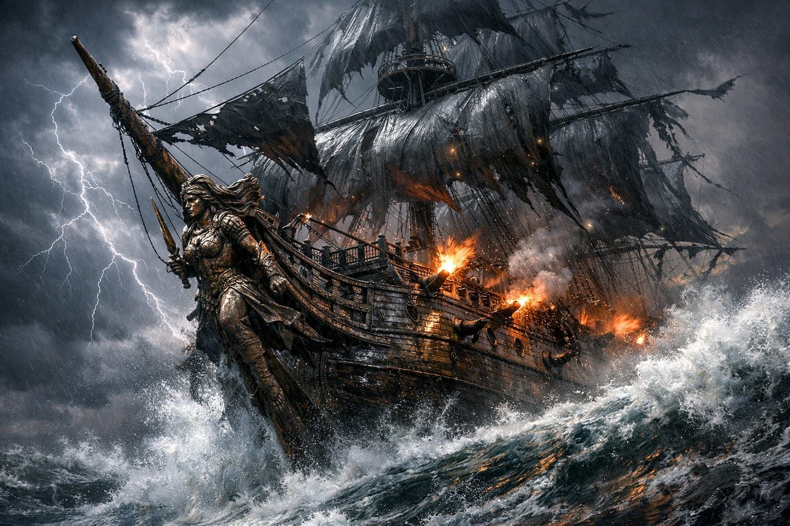 Pirate Galleon Battles Storm in Cinematic Realism