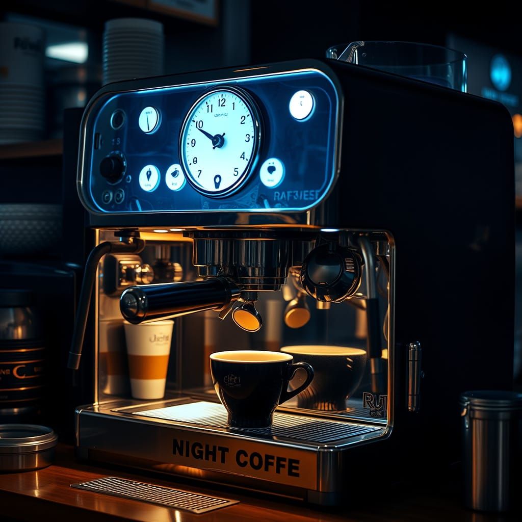 Hyperrealistic NightCafé Coffee Machine, HDR Cinematic