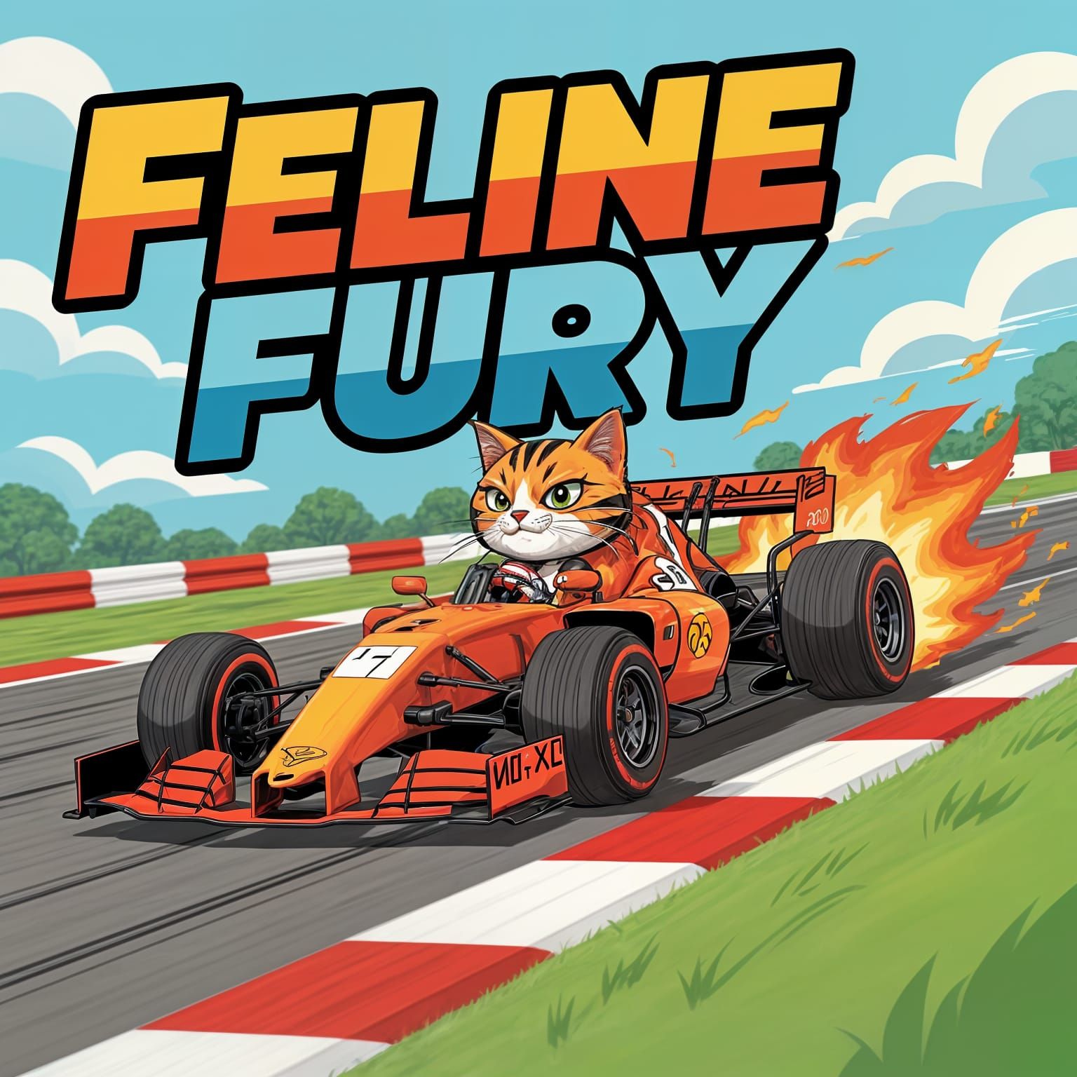 Fiery Race Car Driven by Anthropomorphic Cat