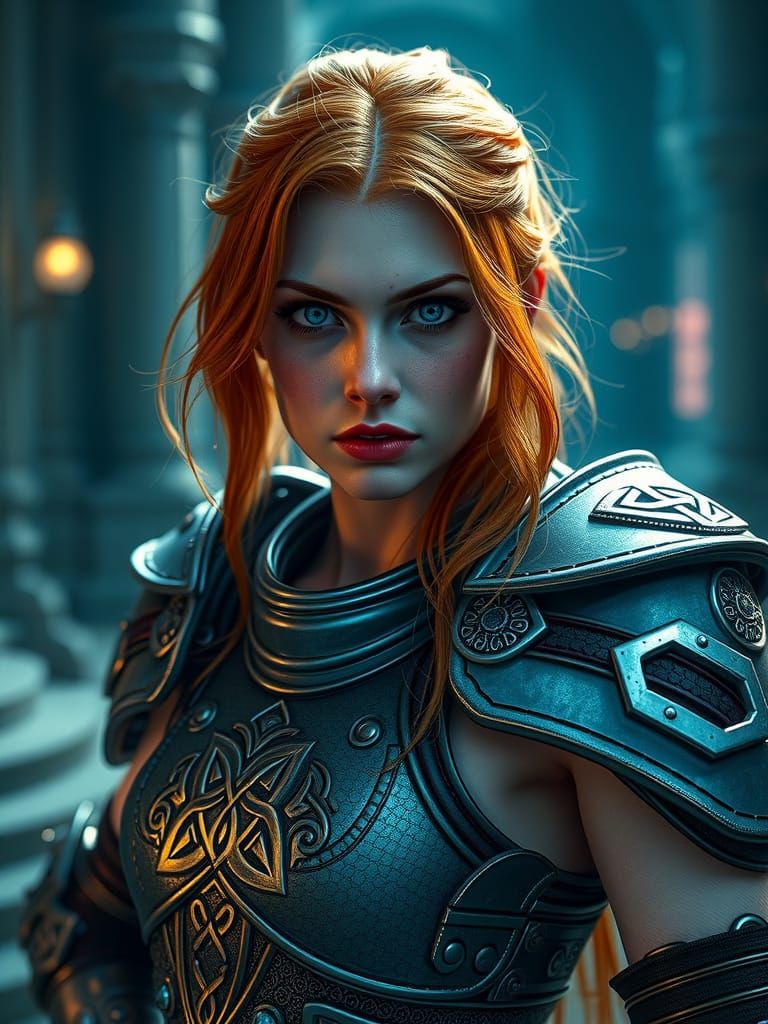 Cyberpunk Woman in Opalescent Armor with Celtic Knotwork
