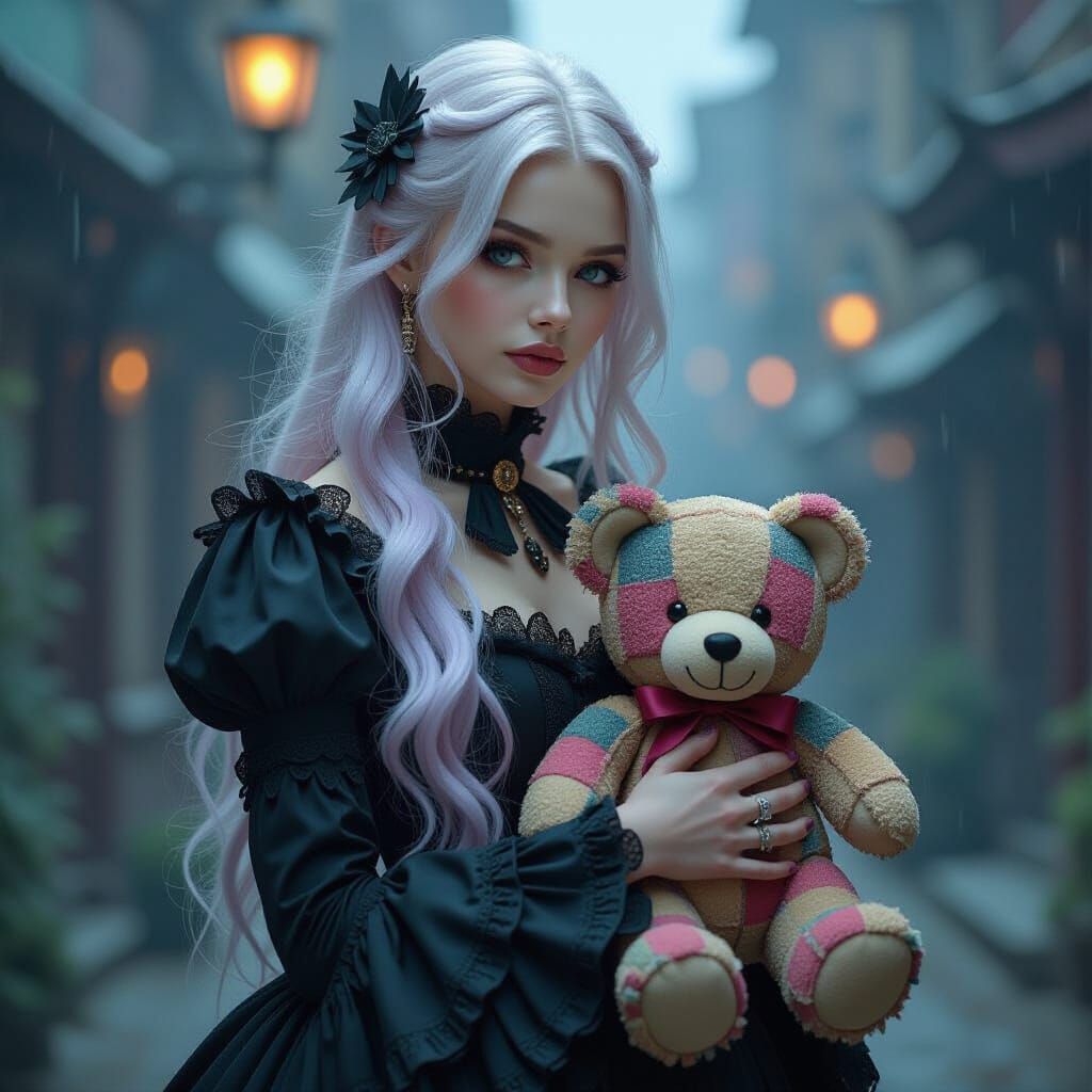 Victorian Woman with Teddy Bear in Dark Fantasy Style