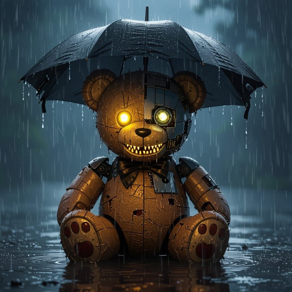 Mechanical Teddy Bear in Rainy Night Scene