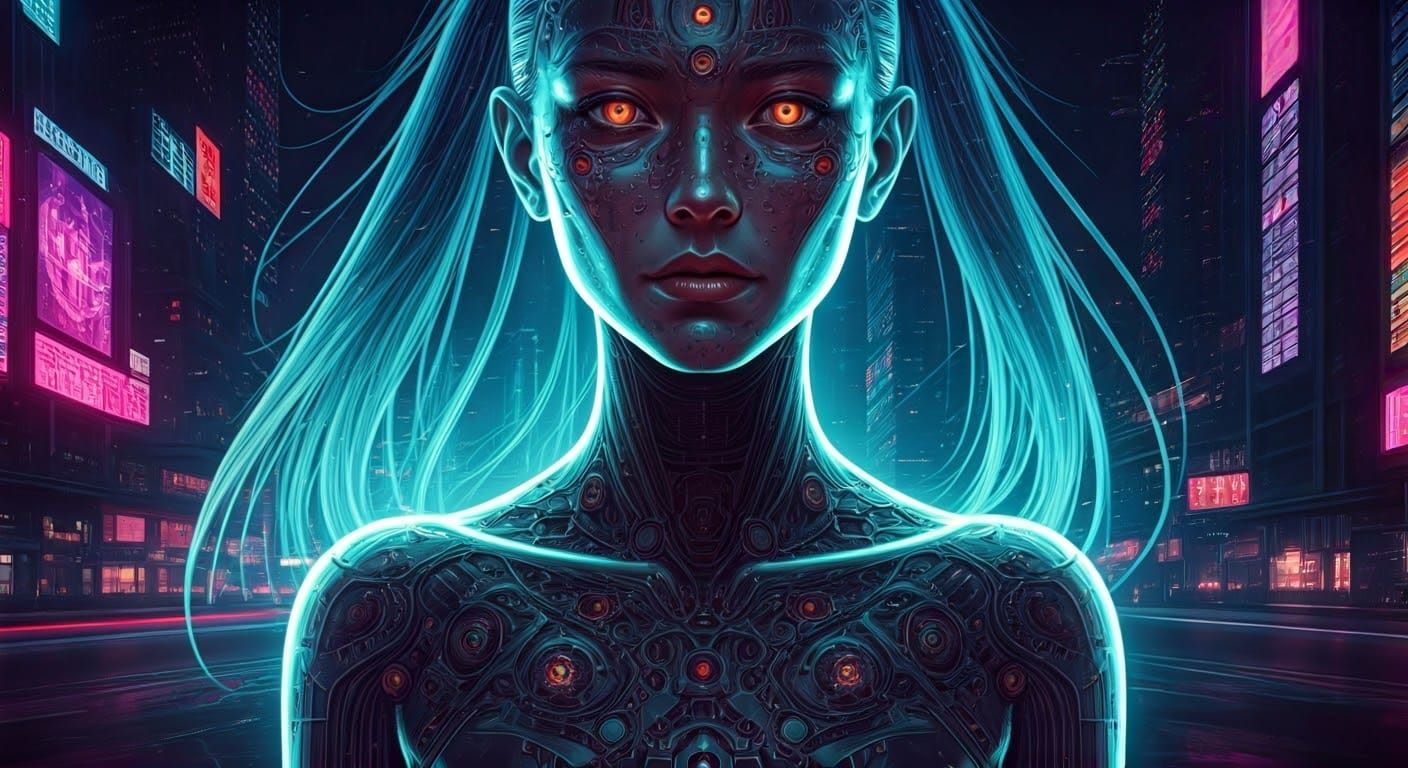 Glowing Android Goddess in Neon Metropolis