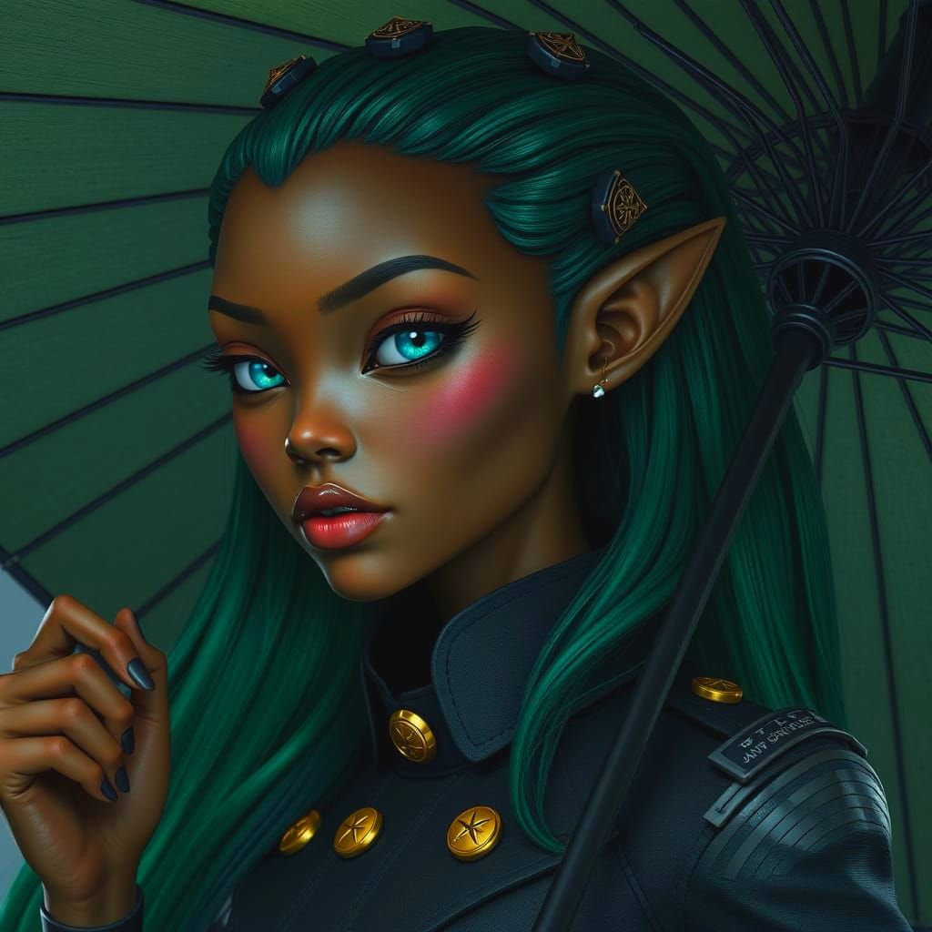 Fantastical Alien Woman in Dark Green Hair and Marine Jacket