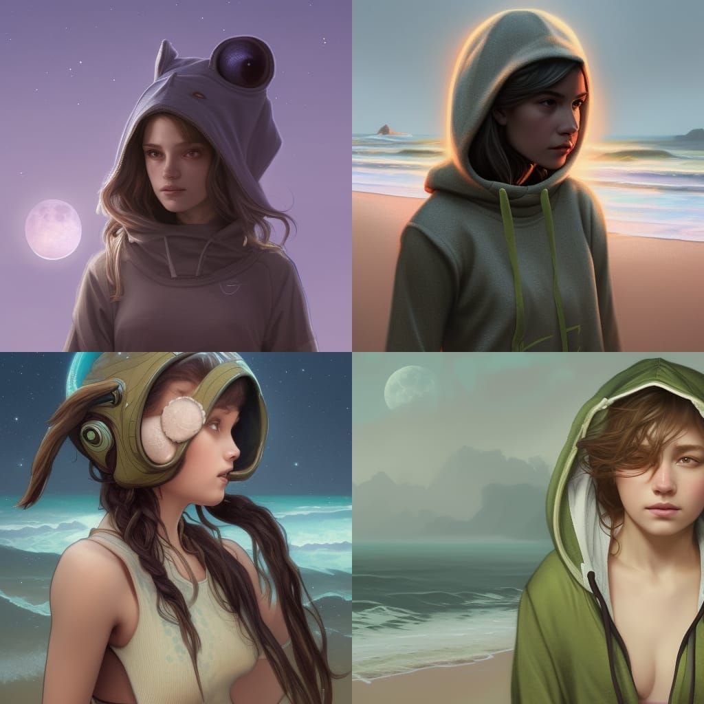 Girl with Frog Hoodie on Beach, Digital Art