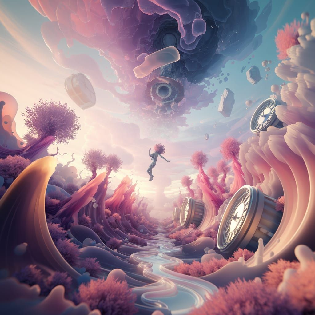 Dreamlike Figure Falling Through Surreal Landscape