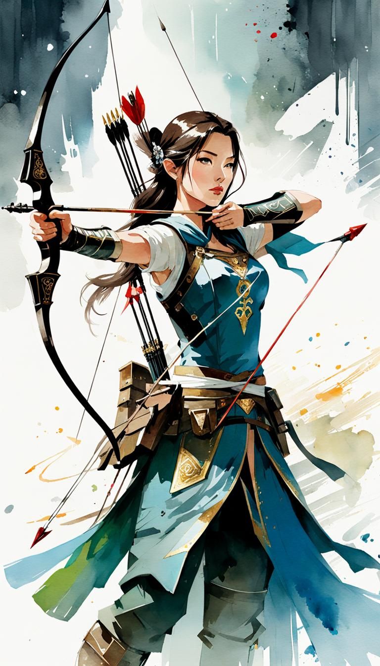 Fantasy Archer Princess Portrait in Watercolor Style