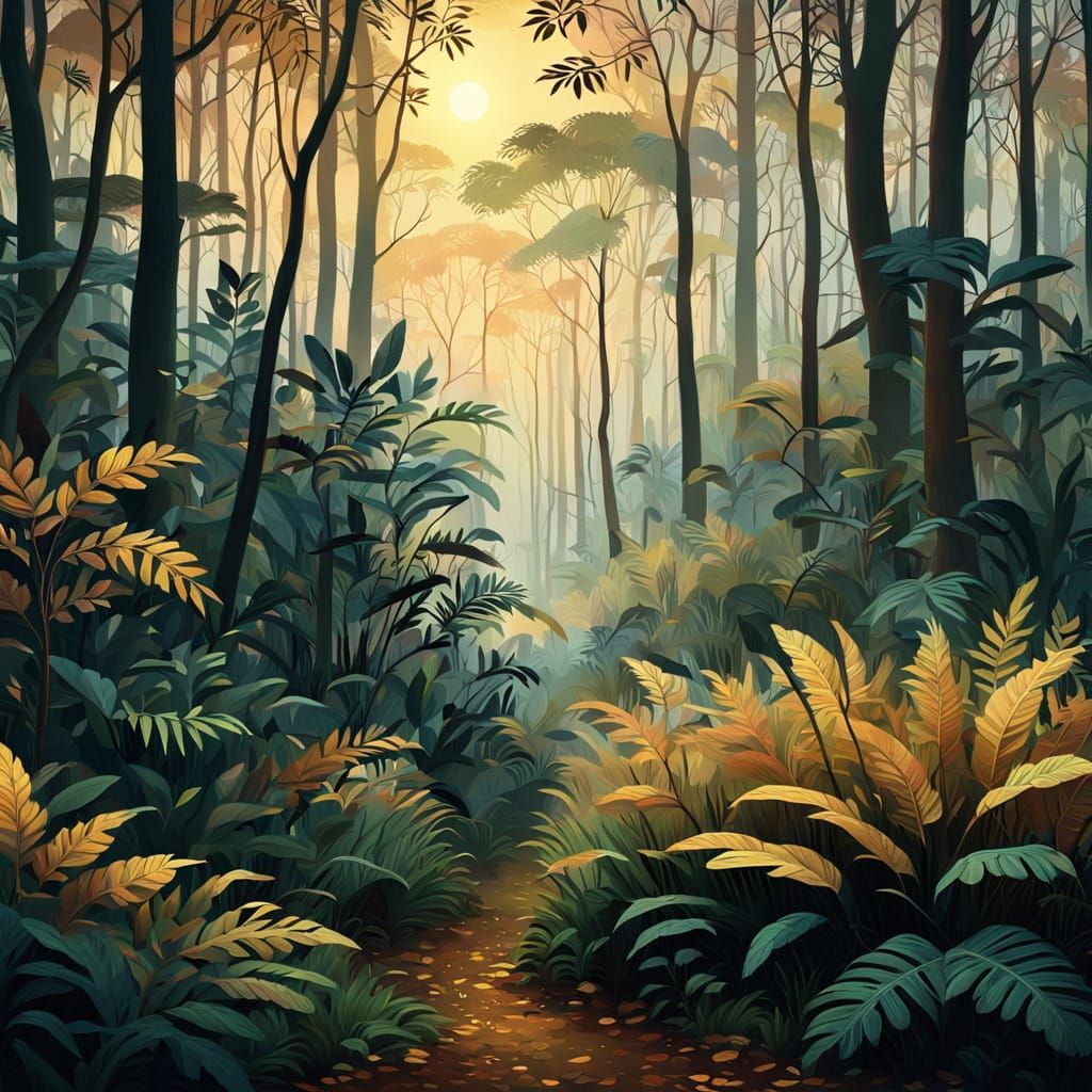 Mystical Forest Sunset in Naïve Art Style