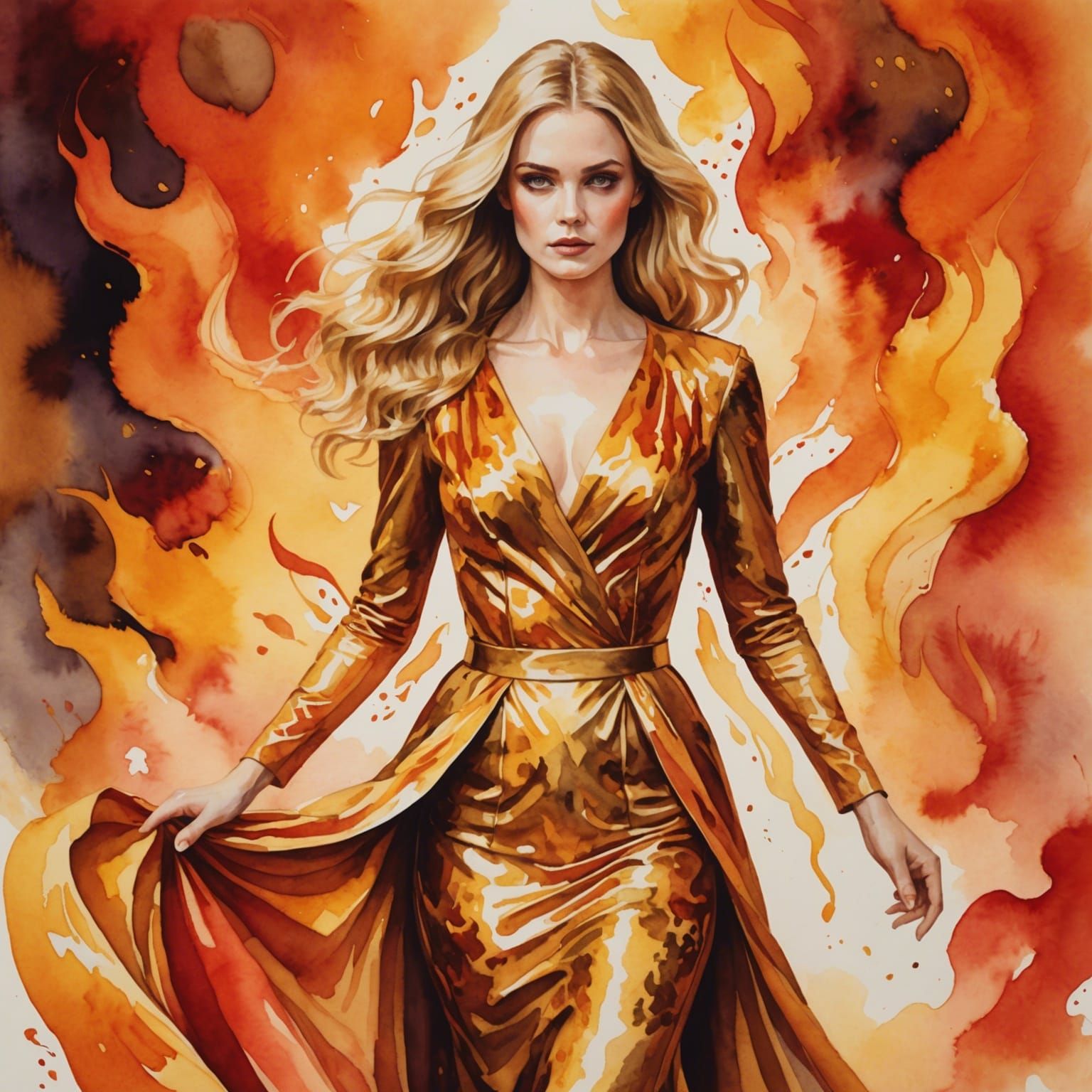 Golden Woman Walking Through Flames in Watercolor