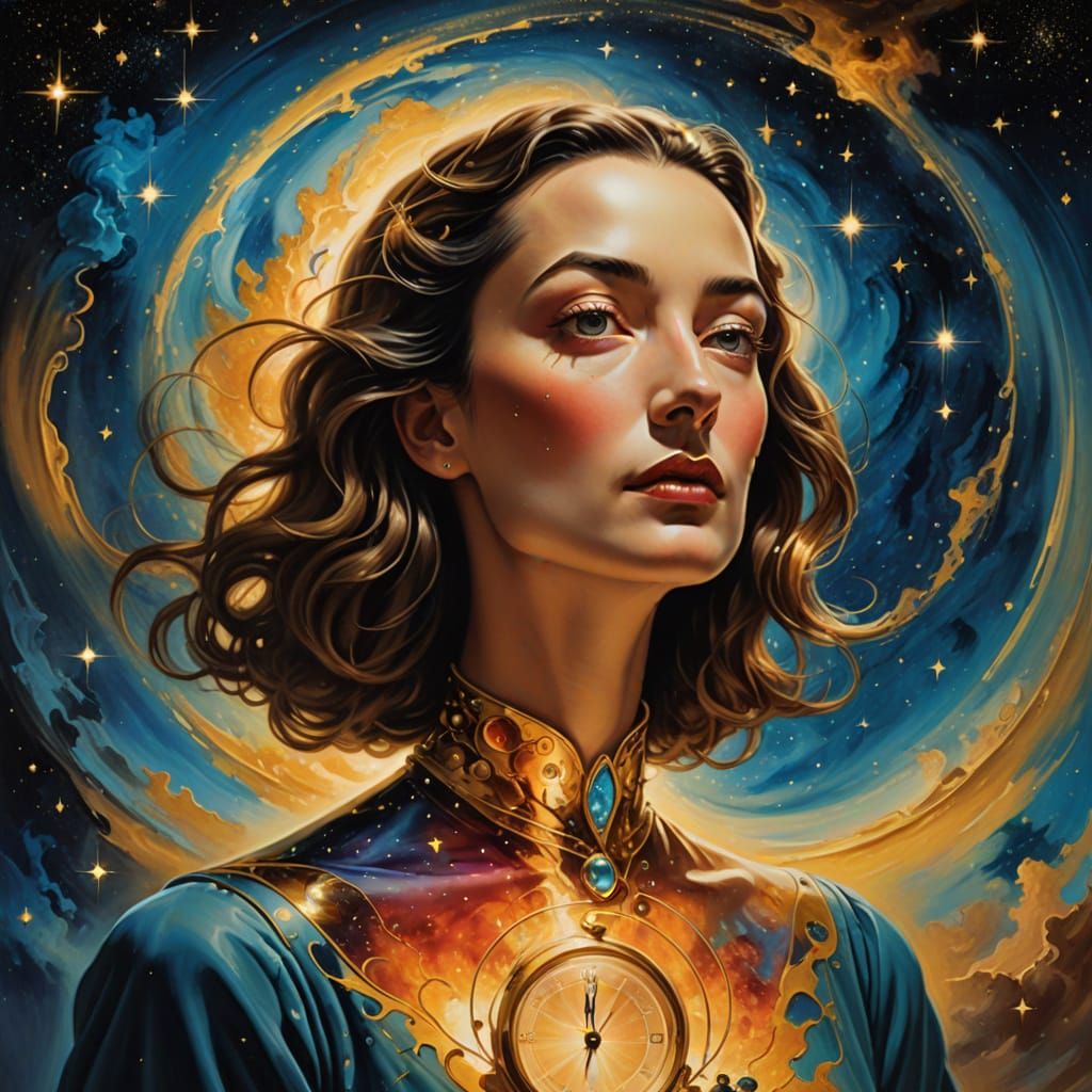 Cosmic Hourglass Goddess in a Dreamlike Galaxy