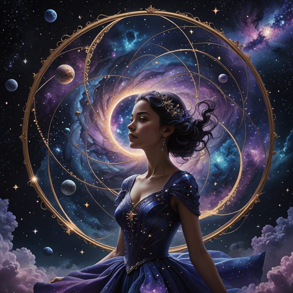 Cosmic Surrealist Artwork: Ethereal Woman in Swirling Galaxy
