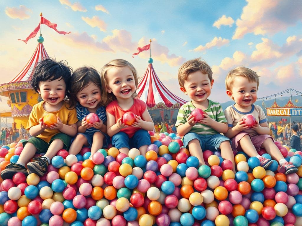 Giggling Children Surrounded by Tiny Gumballs in a Vibrant C...