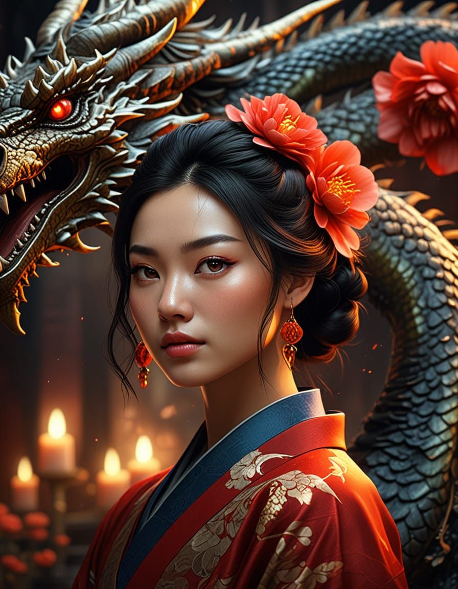 Woman in Red Kimono with Dragon Ornament
