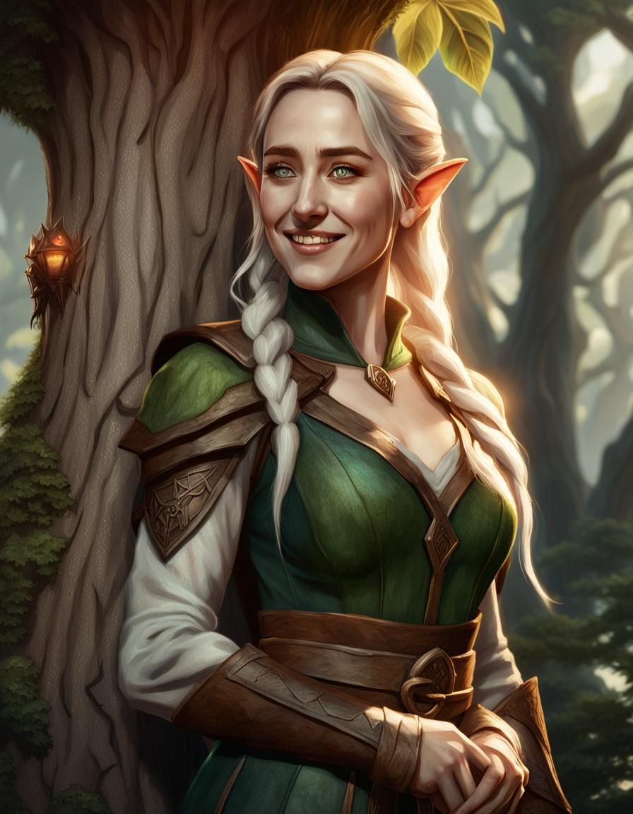 Smiling Elf Woman in Amber Woods, Hyperrealistic Art
