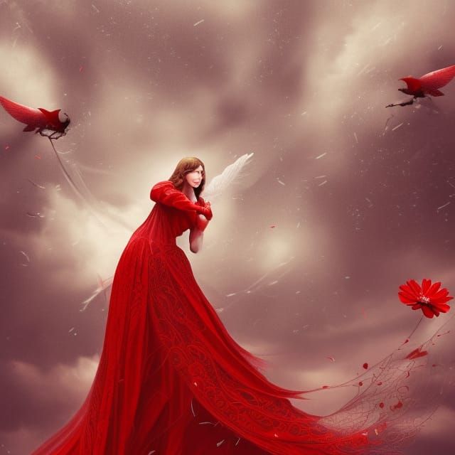 Epic Lady in Red Amid Blooming Florals in a Dramatic Digital...