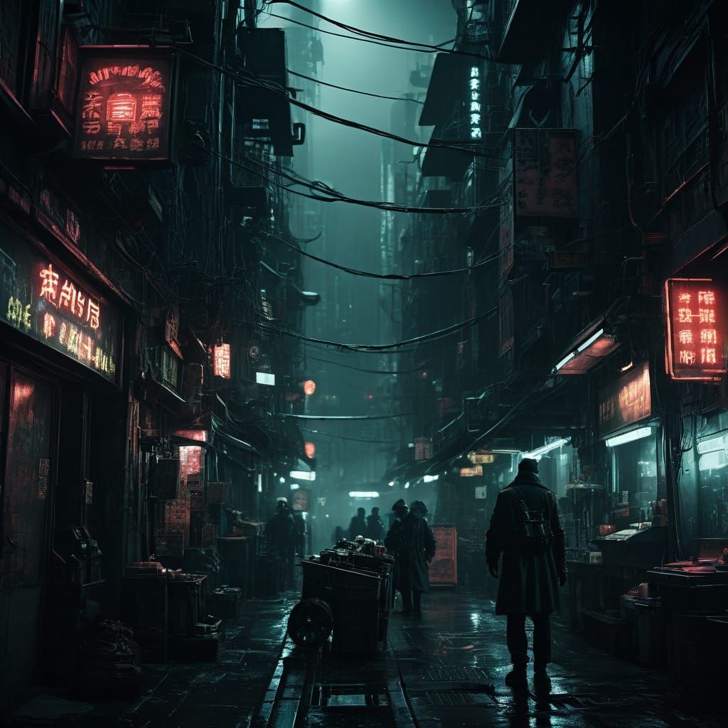 Gritty Cyberpunk Alleyway in Neon Noir Style