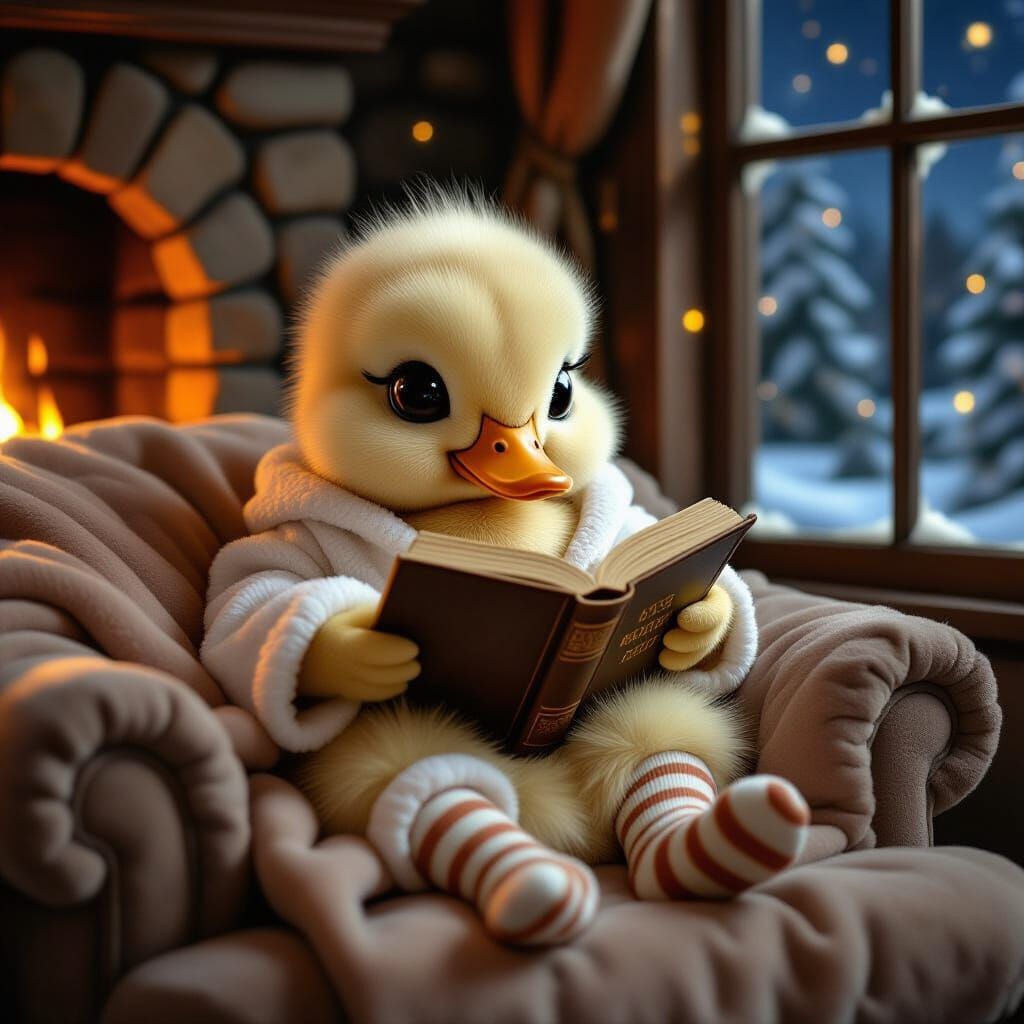 Duckling Reading a Book in Cozy Room