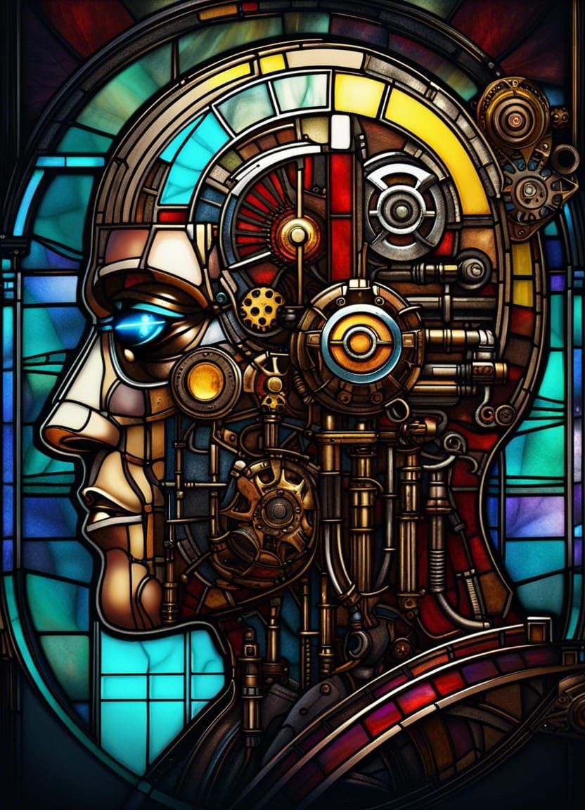 Cyberpunk Man: Bauhaus Poster with Stained Glass