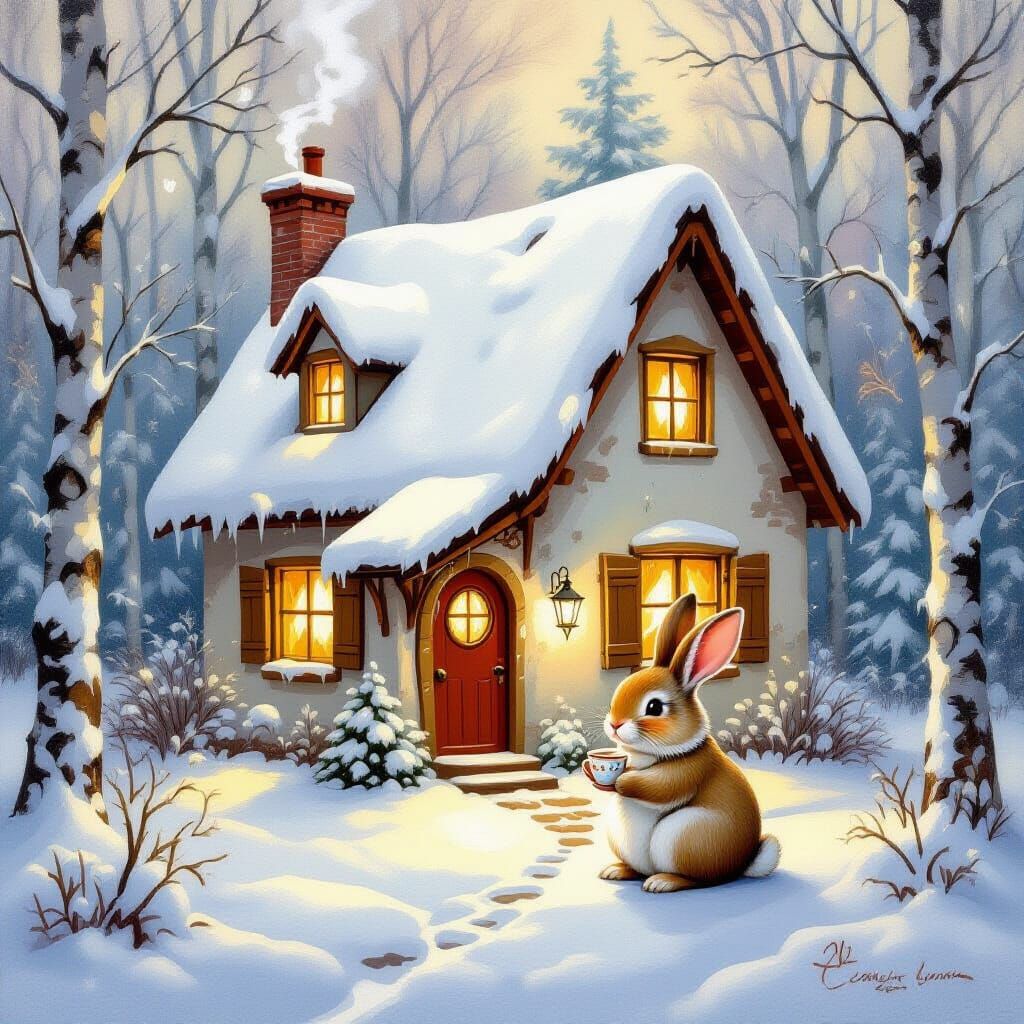 Cozy Snow Cottage with Rabbit in Winter Forest - Oil Paintin...
