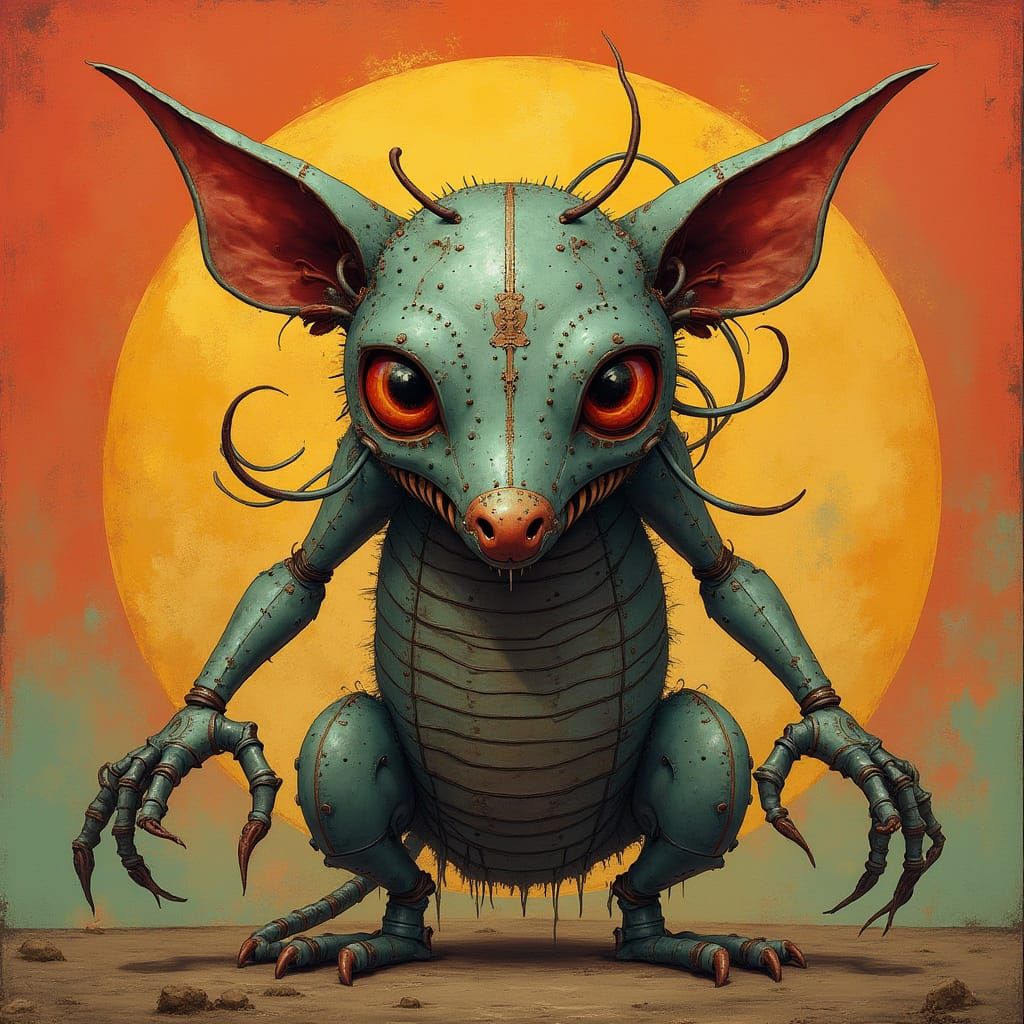 Sinister Metal Creature in Whimsical, Surreal Art Style
