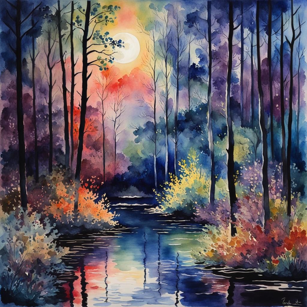 Moonlit Forest in Impressionist Watercolor