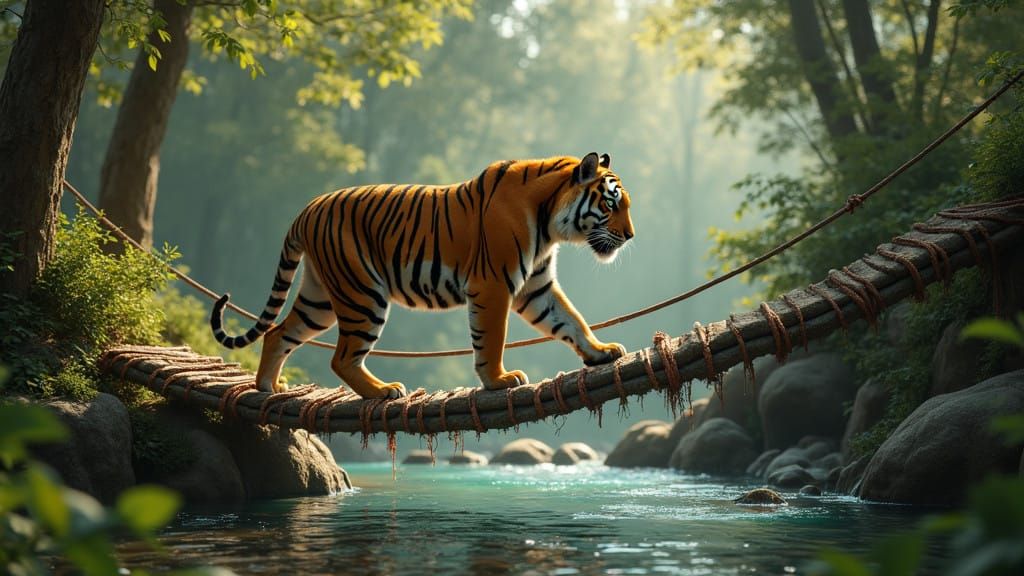Tiger Embarks on a Daring Rope Bridge Crossing in a Vibrant...