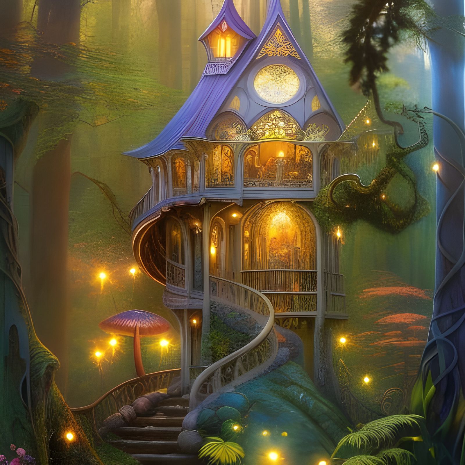 Elvish Stairway to Fae Treehouse in Fairytale Illustration