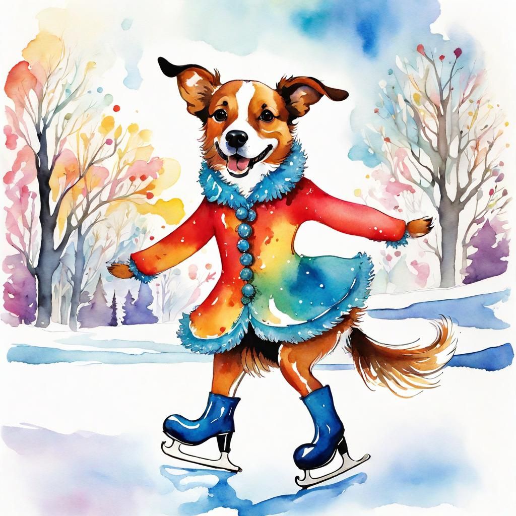 Humorous Dog Ice Skater in Watercolor Style