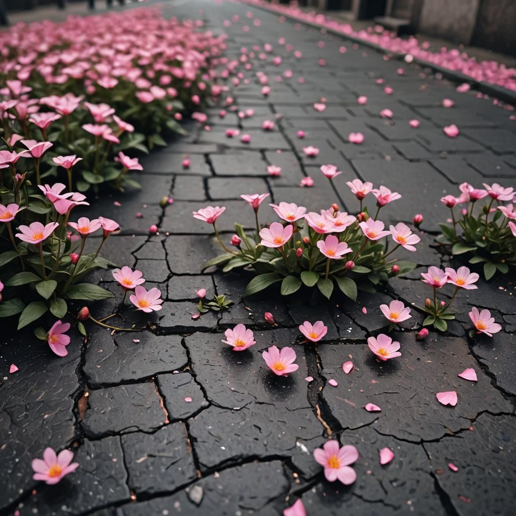 Pink Flowers Bloom in Urban Decay: Hyper-Realistic Photo