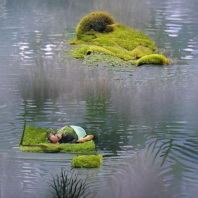 Man Sleeping Peacefully in Mossy Pond