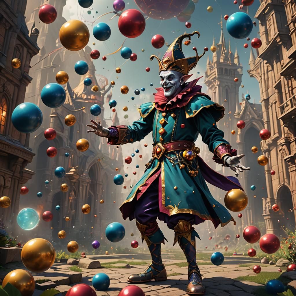 Court Jester Juggling Atoms in Detailed Digital Art