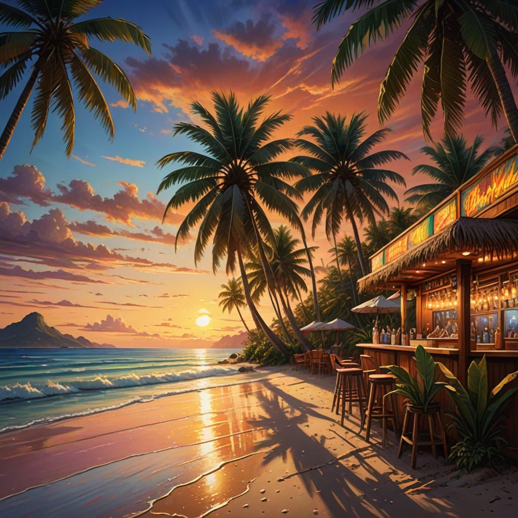 Tropical Beach Sunset in Hyperrealistic Style