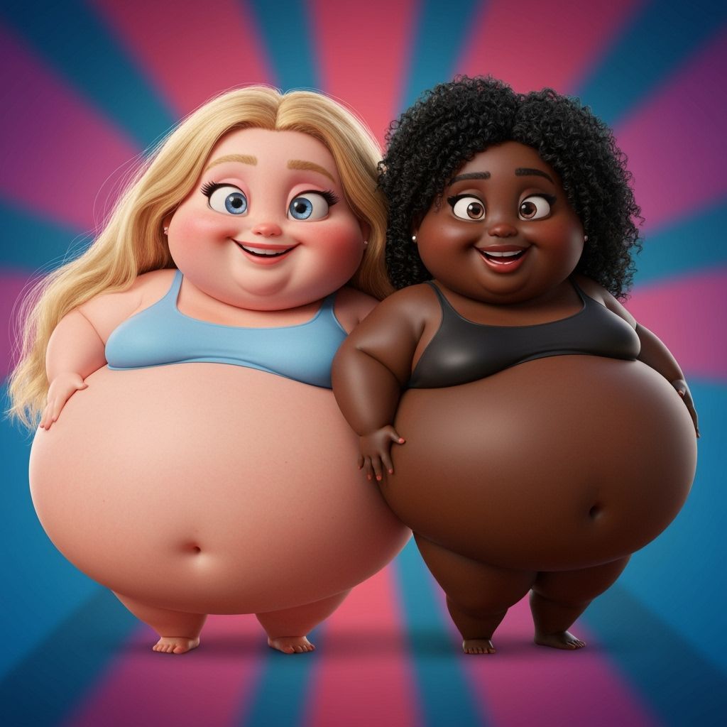 Two Obese Young Women Smiling in 3D Digital Art Style