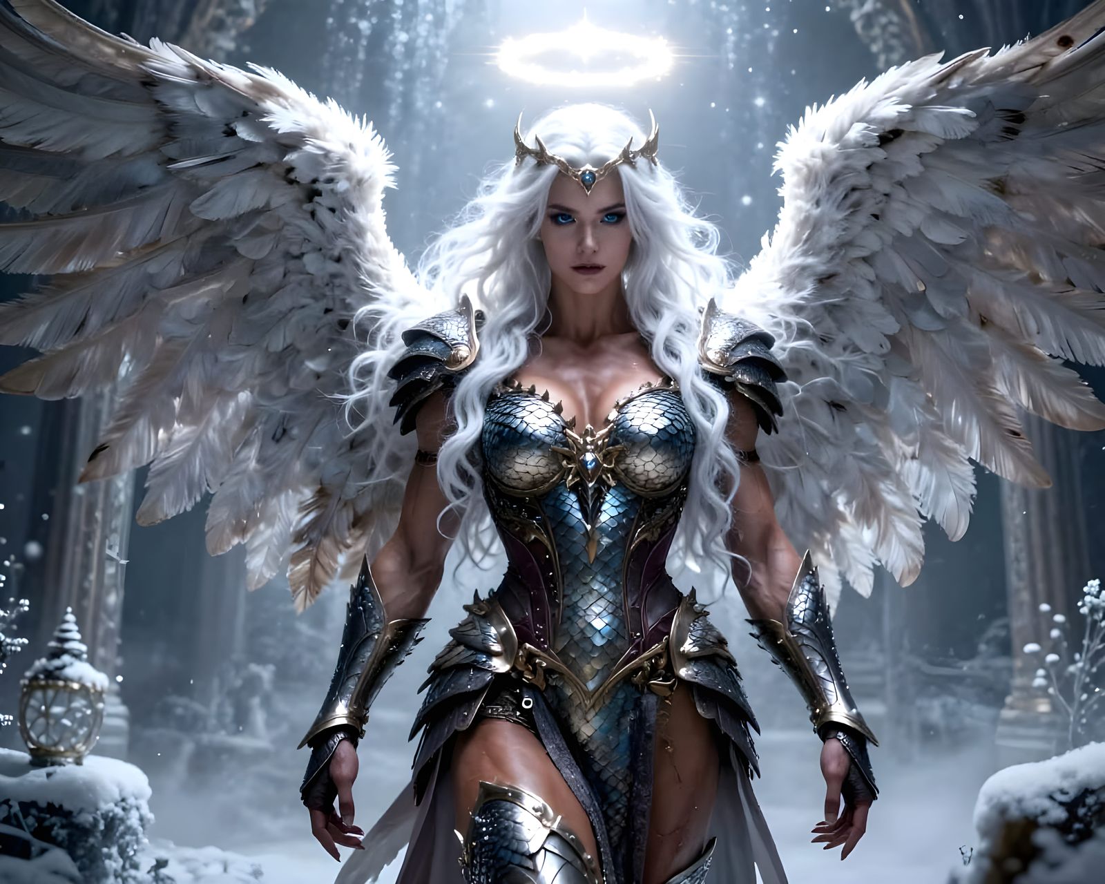 Muscular Angel with Starlight Halo in Winter Fantasy