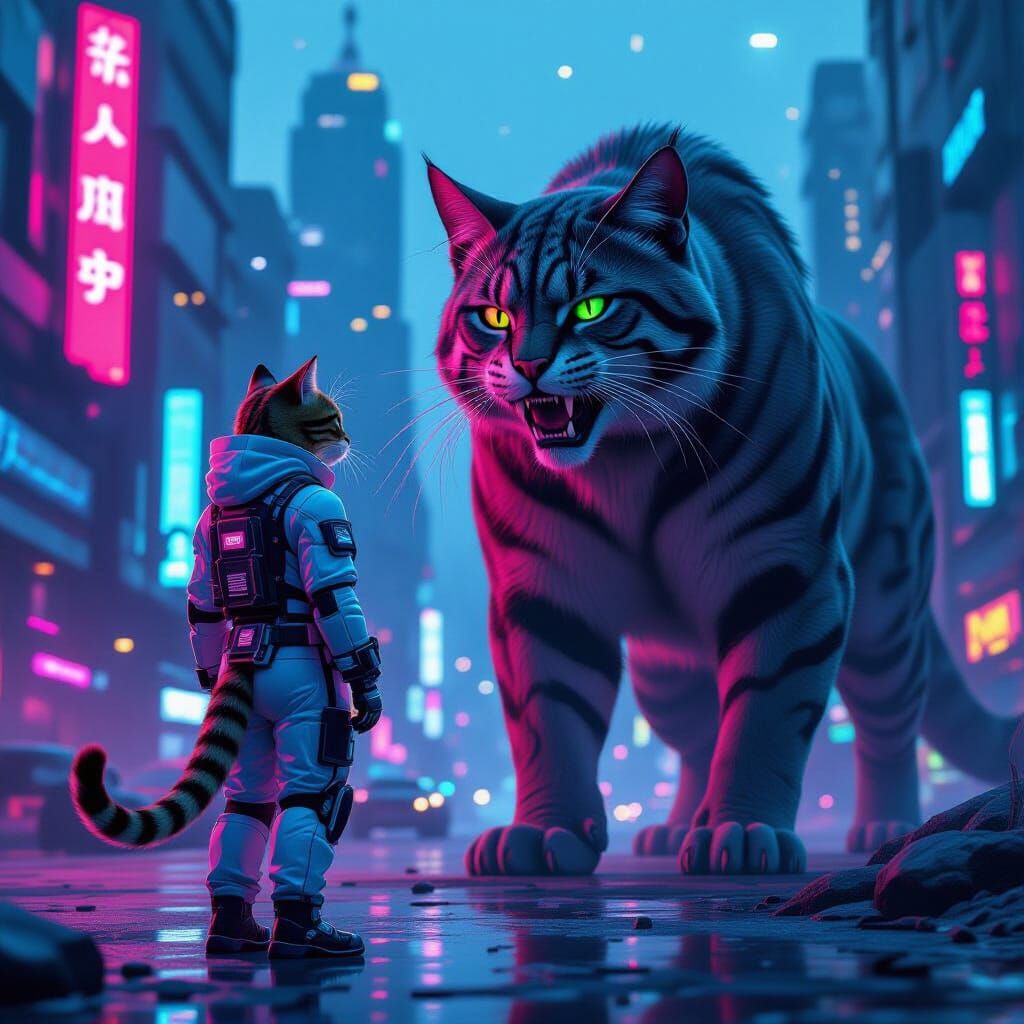 Cyberpunk Cat vs Sabre-Tooth in Neon City