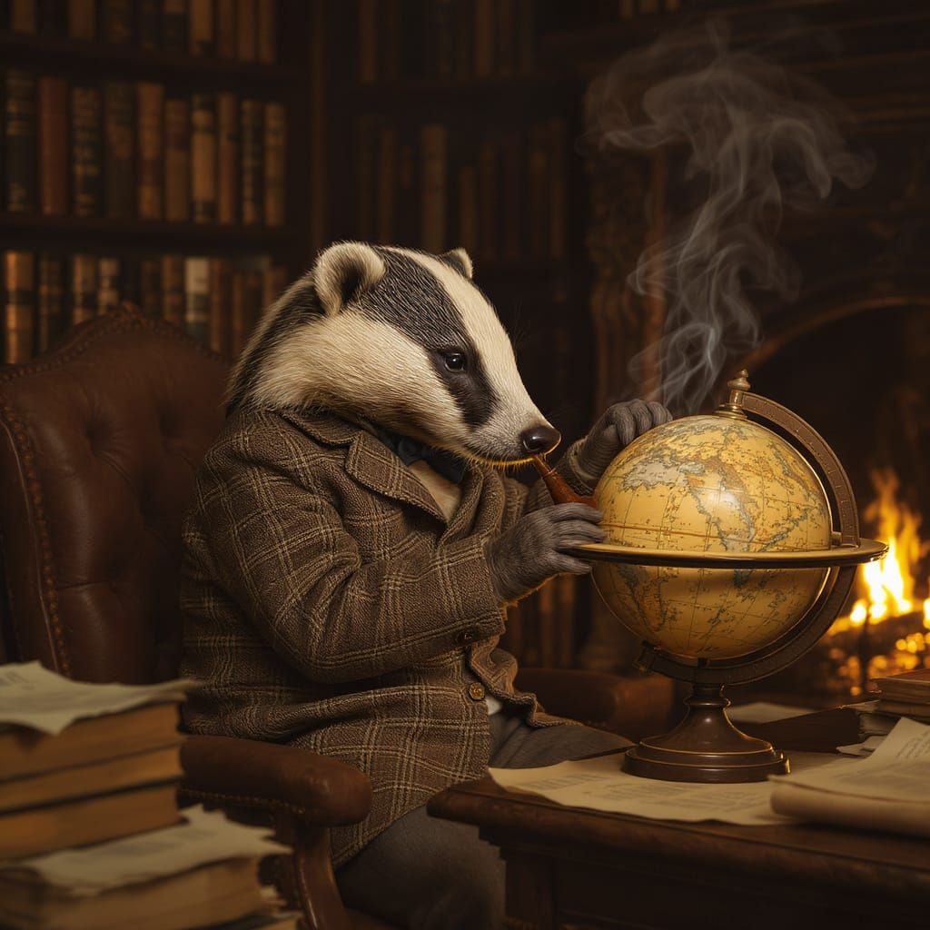 Badger Scholar Inspecting Celestial Globe
