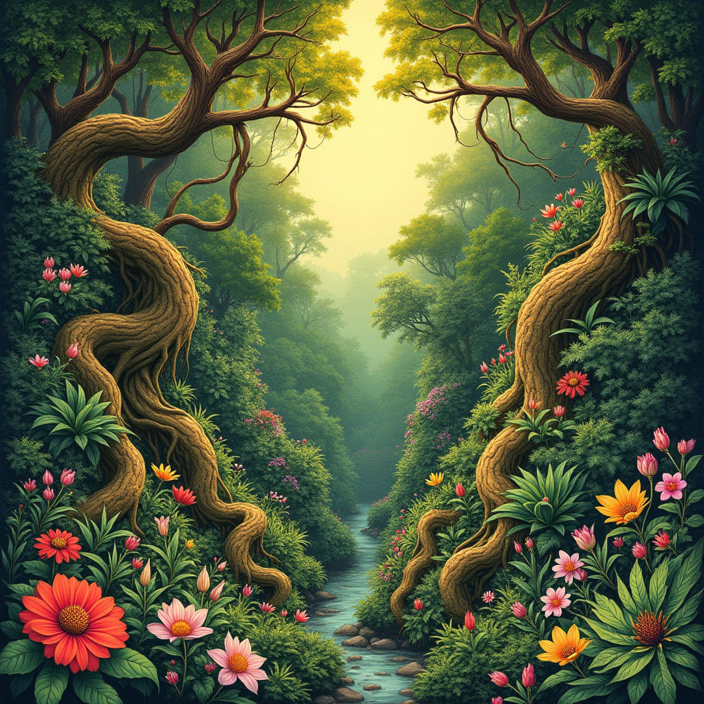 Lush Ecosystem with Exotic Flora and Fauna