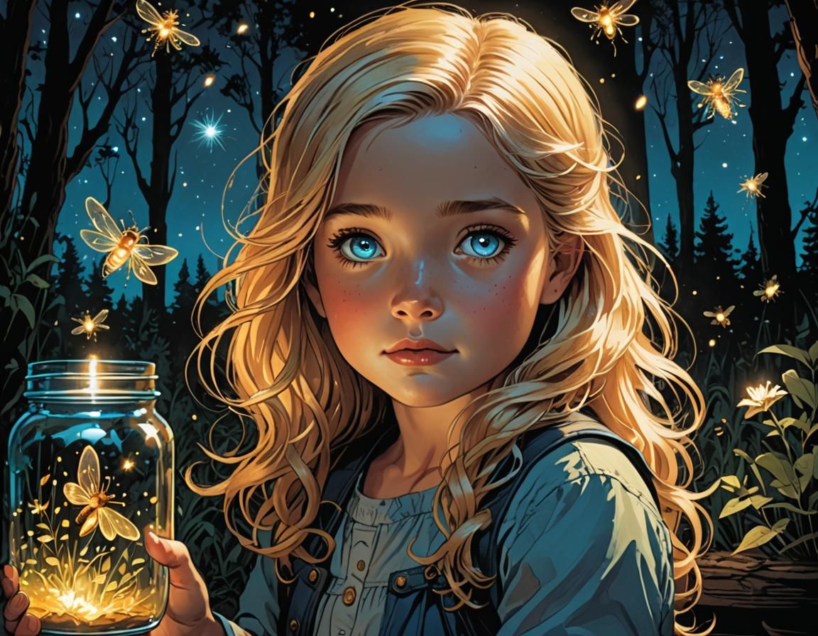 Girl Watching Fireflies: Comic Book Style Art