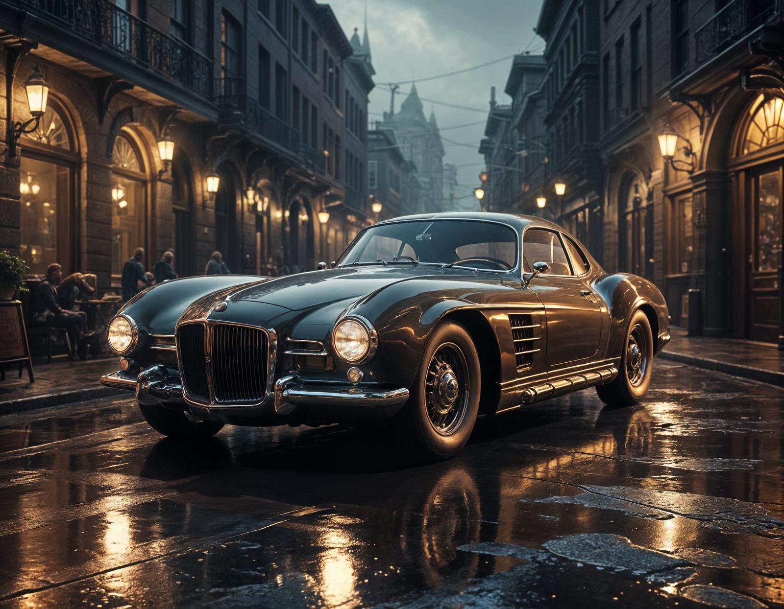 Steampunk Luxury Sedan Cruises Cobblestone Street