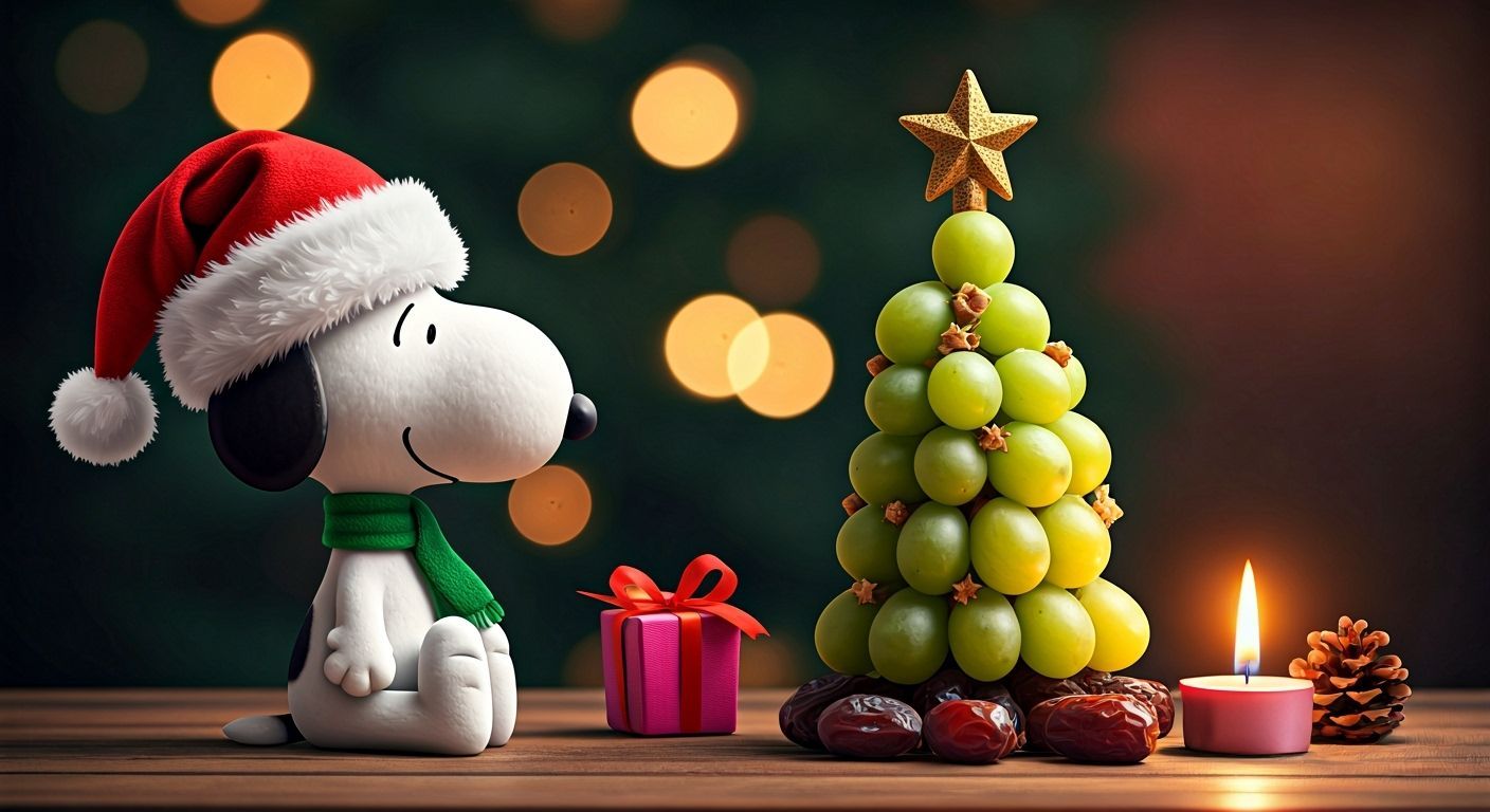 Snoopy in Festive Christmas Scene with Grape Tree