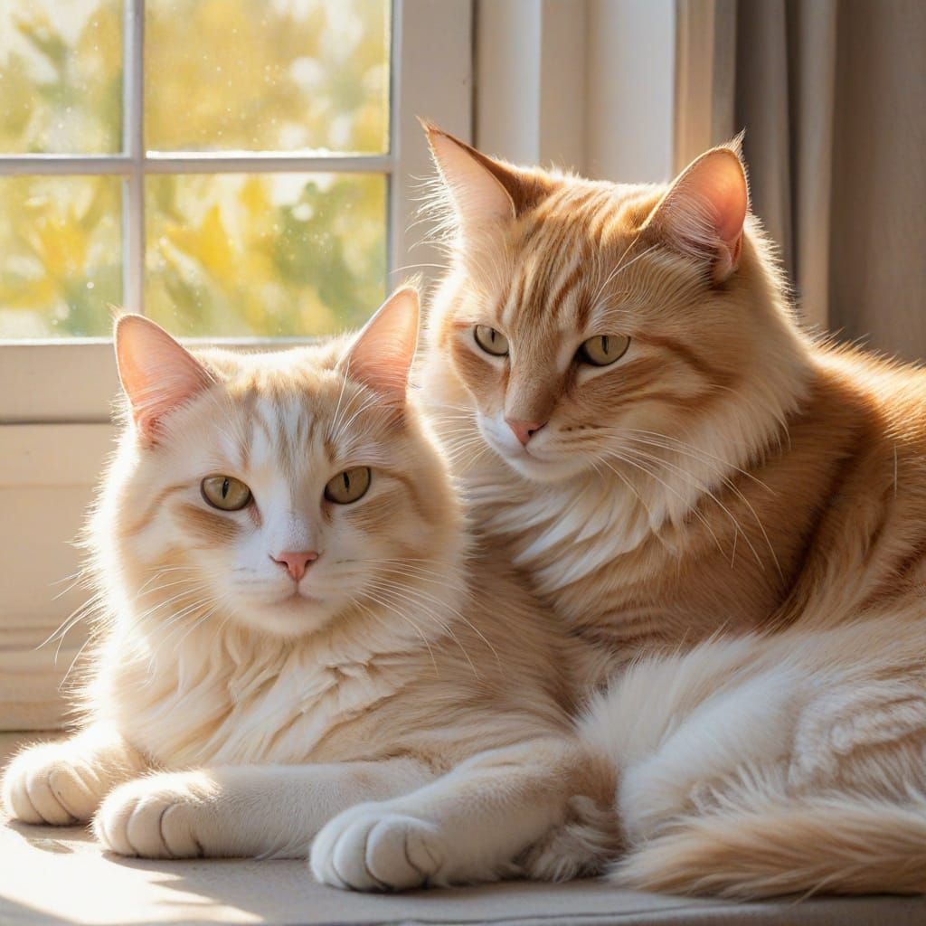 Two Cats Bask in Warm Sunlight in a Cozy Watercolor Painting