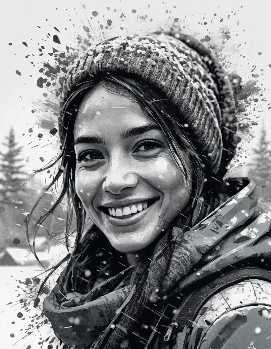 Girl Smiling in Snowy Landscape, Hyperdetailed Charcoal Art