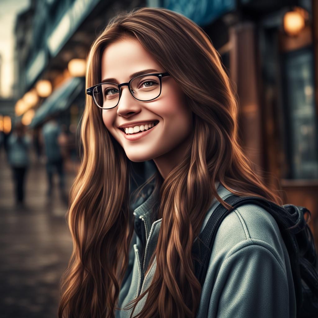 Smiling Girl with Glasses, Hyperrealistic Portrait
