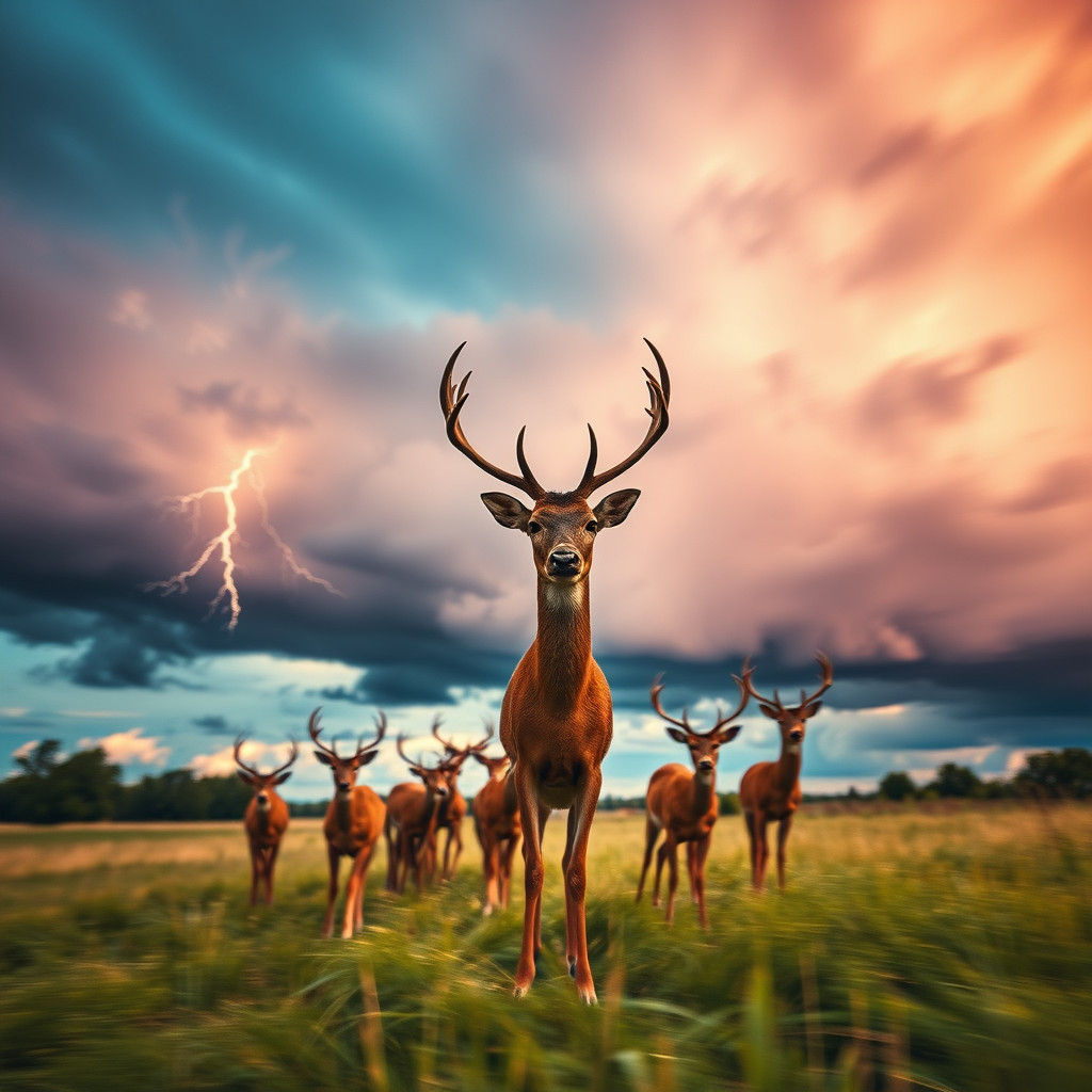 Deer in Sky: Hyperrealistic Storm Landscape